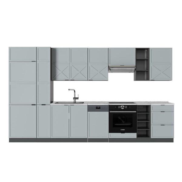 Cocina Vicco Fame-Line, azul claro grisáceo/antracita, 355 cm, mármol PT