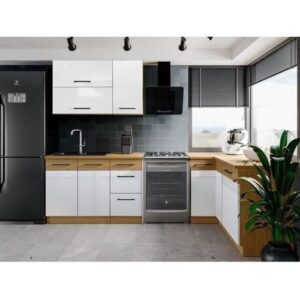Cocina completa en esquina - Melamina roble Lancelot y gris Matera - 270 x 150 cm - Encimera no incluida